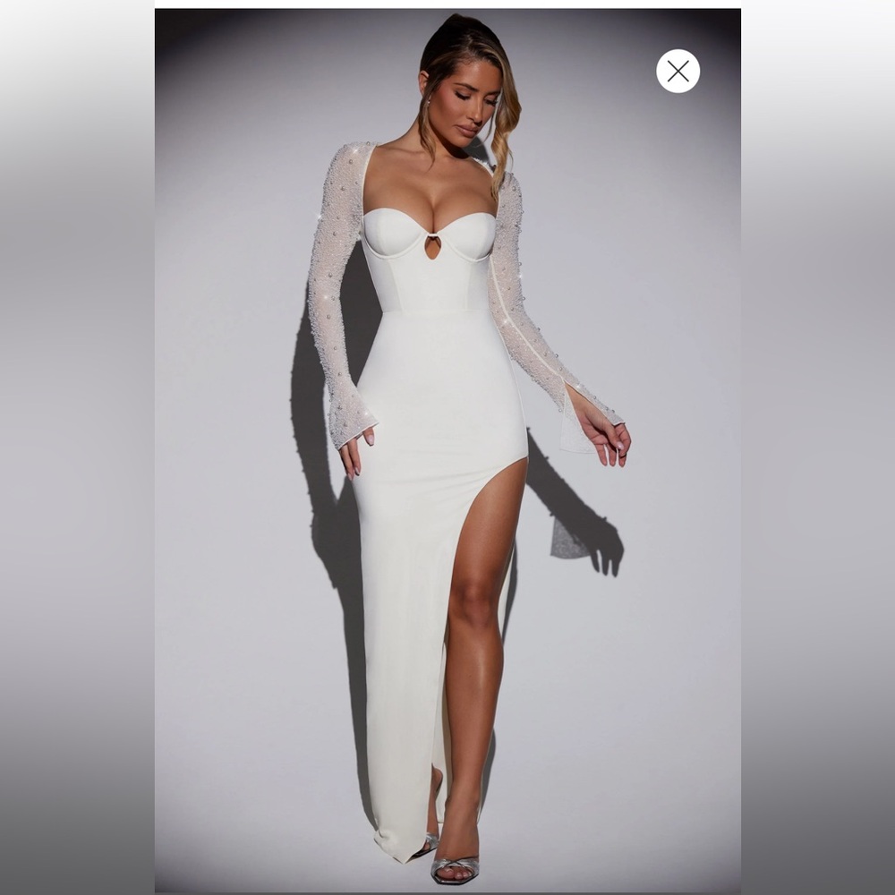 Oh Polly San Marino Embellished Side Split Maxi Dress in White, Size 6